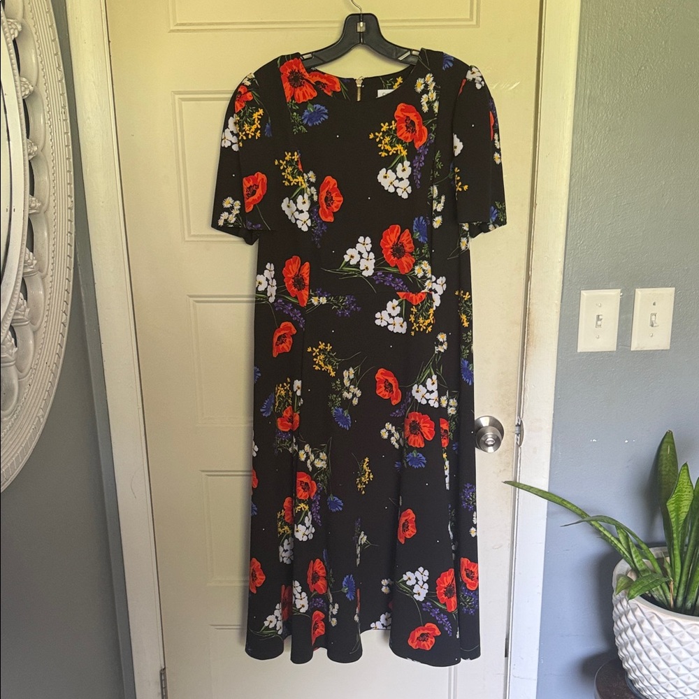 Floral Midi Dress in Black with Red & Purple Bloom